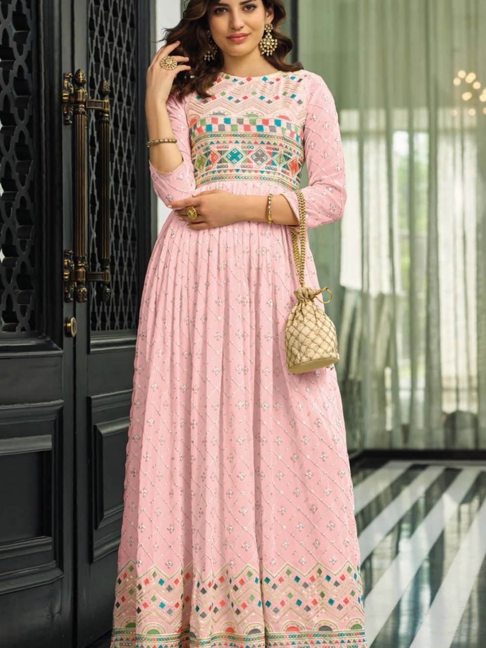 Pastel Pink Embroidered Maxi Dress - Brand:
